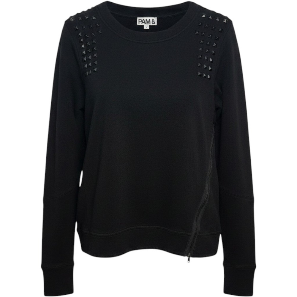 Pam & Gela Studded Sweatshirt Womens Size P XS Black Moto Zip Pullover Grunge